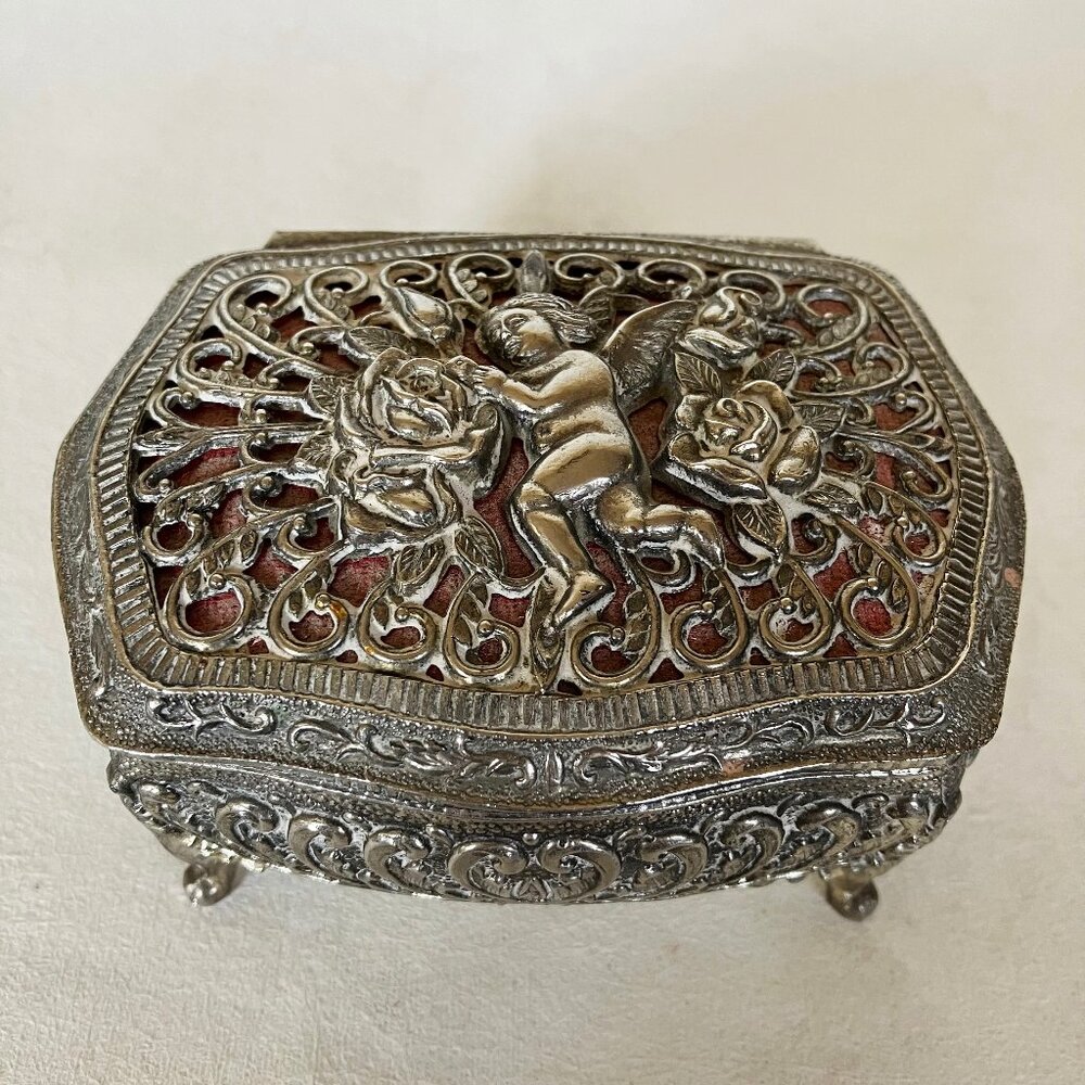 Cherub Trinket Jewelry Box Metal Victorian Rococo Style Ornate Filigree Lined